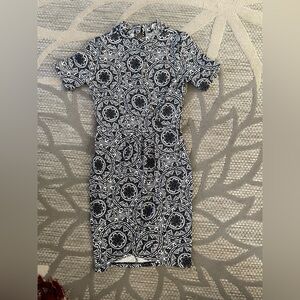 Black and white high neck, short sleeve mini